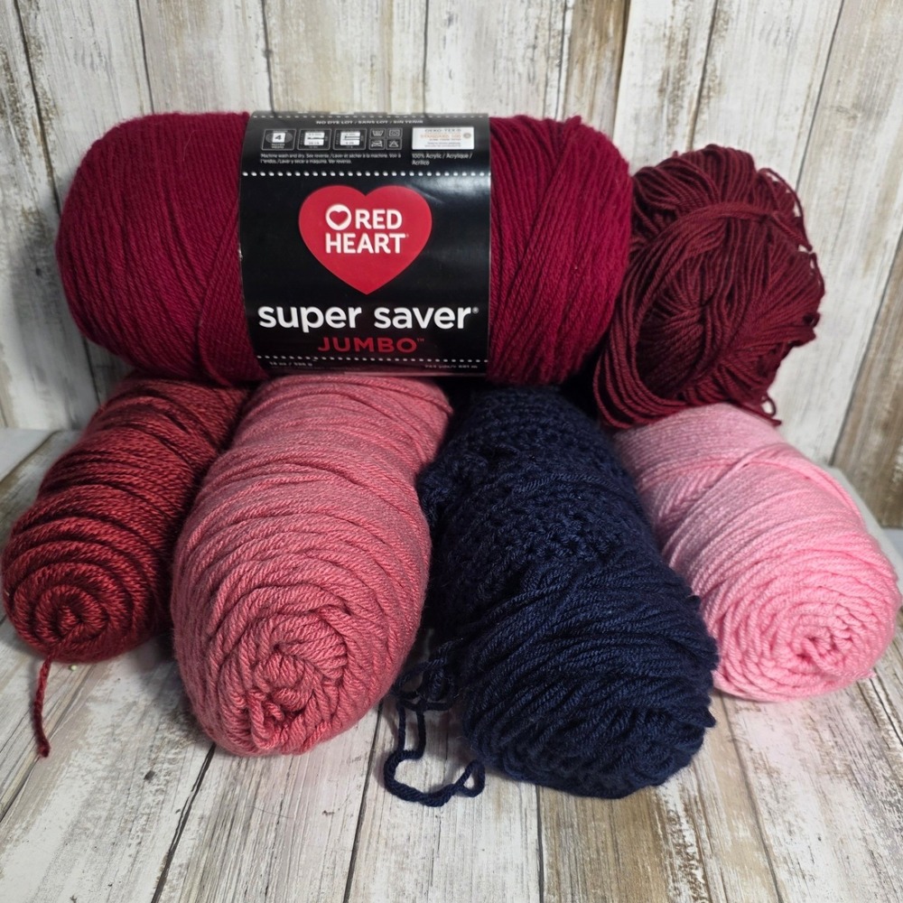 Red Heart Super Saver Jumbo Yarn Bundle Burgundy Navy Pink Acrylic 6 Skeins Lot